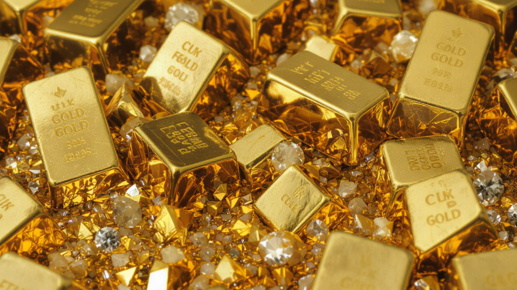 Imagen con varios lingotes de oro colocados entre gemas y diamantes pulidos. La composición muestra el contraste entre el metal precioso y las piedras, ilustrando visualmente la diferencia entre “K” para pureza del oro y “Ct” para peso de gemas.